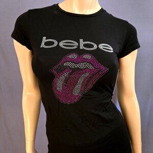 Bebe Top Black Rhinestone T shirt Lips Mouth Size M Short Sleeve Y2K Mcbling